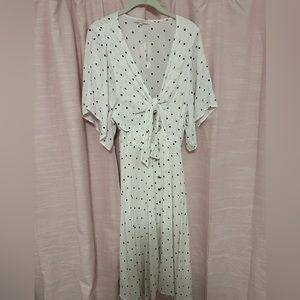 Olivaceous White Tie Front Midi Polka Dot Dress- Medium
